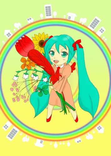 赤い羽根と花と虹