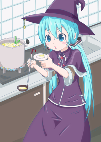 初音ミクが魔女装束で料理をしている絵