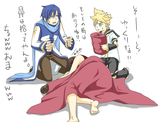 酔い潰れて眠ってしまっためーちゃんに枕を敷いてあげたいけど起こしてしまった時が怖くて中々実行出来ないヘタレ兄弟。