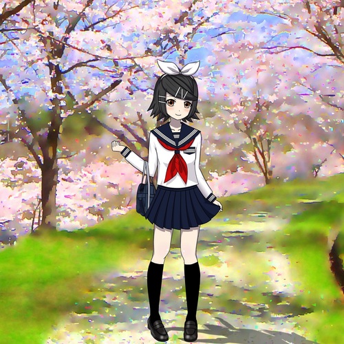 桜並木と黒髪リンさん