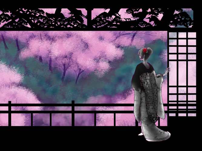 後ろ姿と桜(その2)・カラー