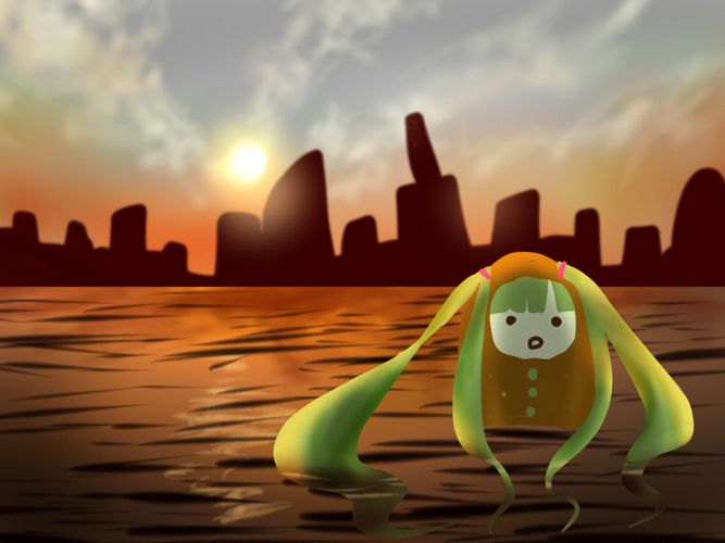 夕焼けの海で