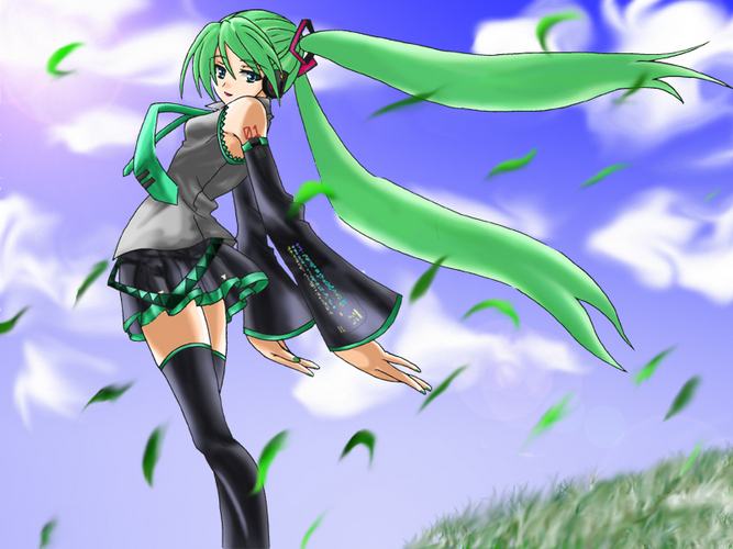 空と雪雑じりの草原と初音ミク