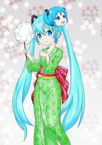 お面と綿菓子を装備したお祭りスタイルの初音ミク