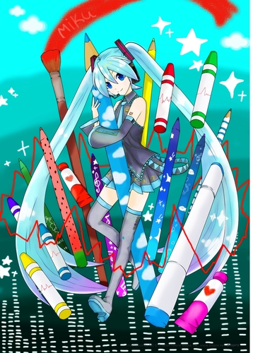 「初音ミクの塗り絵」の線画を使用した塗り絵作品(/^p^)/