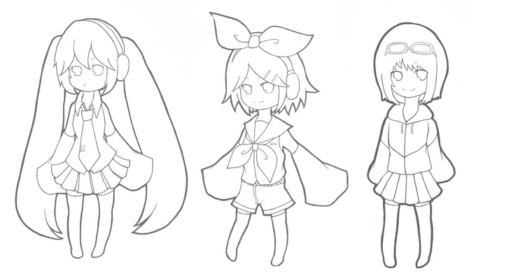 ミク、リン、GUMI 線画