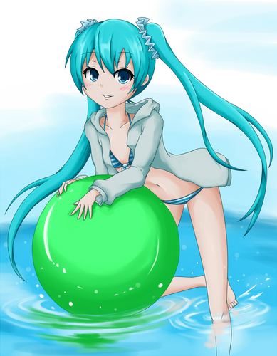 水着の上にパーカーを着た初音ミクの絵