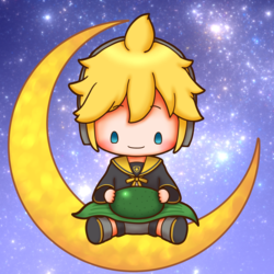 三日月に座って笹団子を食べるレンくん