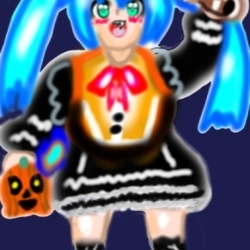 初音ミクさんがオレンジ風のゴシック服で夜にカボチャボールでバッティングするホラー