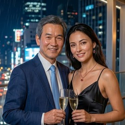 夏の雨に二人縦