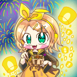 ランタンと花火の光の中で