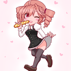 フランスパンを食べてニーハイを履きながらたくし上げるお嬢様テト様